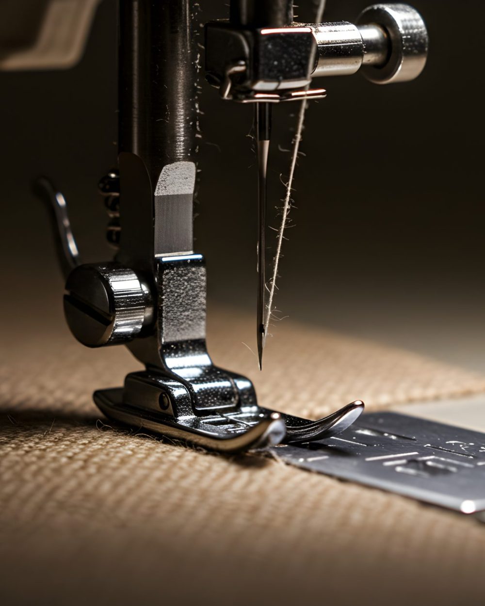 Close Up of Sewing Machine Needle Stitching Brown Fabric with Subtle Lighting in Studio
