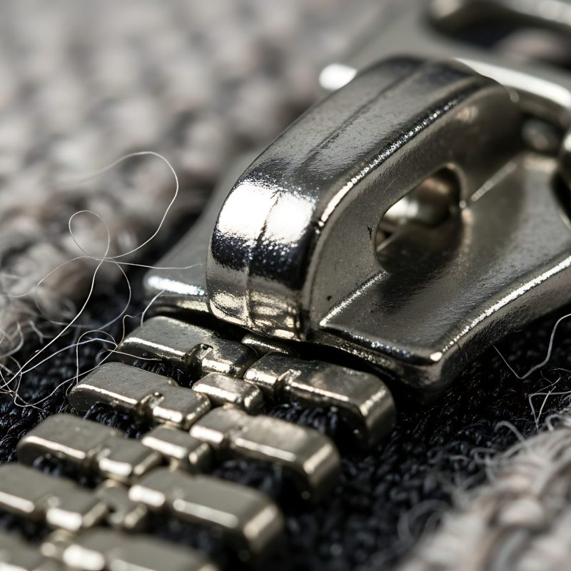 Extreme close-up of a modern metallic zipper on textured fabric, highlighting intricate details and stray fibers. Ideal for fashion, textile, and industrial design concepts.